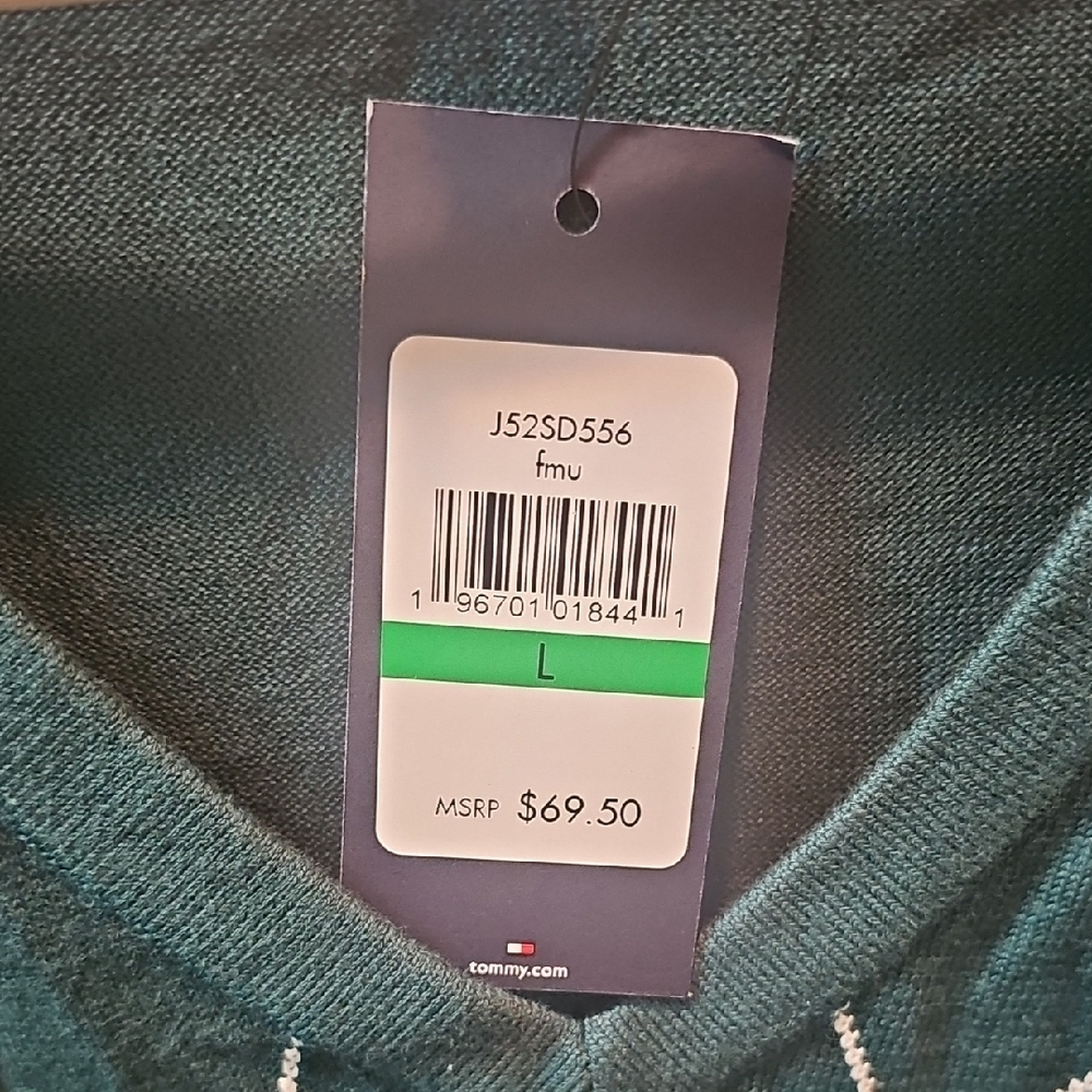 Tommy Hilfiger Teal and Navy Argyle V-Neck Sweater - Picture 2 of 3